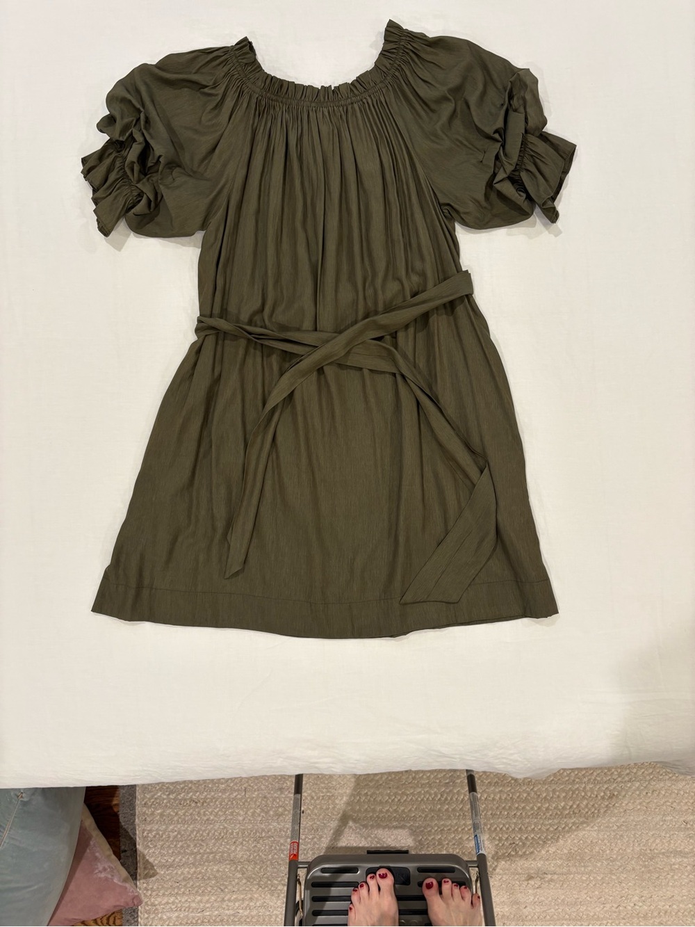 NWOT Mersea Olive Green Puff Sleeve Belted Dress